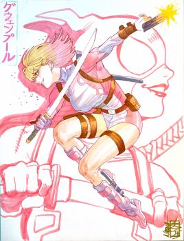 1girl acecore2k asymmetrical_dual_wielding belt blonde_hair blue_eyes blunt_bangs bodysuit character_name commentary commission deadpool_(series) dual_wielding earrings english_commentary floating_hair gloves gradient_hair grin gun gwenpool handgun highres holding holding_gun holding_sword holding_weapon jewelry katana looking_at_viewer looking_to_the_side marker marker_(medium) marvel medium_hair multicolored_bodysuit multicolored_hair pen_(medium) pink_bodysuit pink_hair profile smile solo stud_earrings superhero_costume sword thigh_strap traditional_media two-tone_bodysuit utility_belt weapon white_background white_bodysuit white_gloves