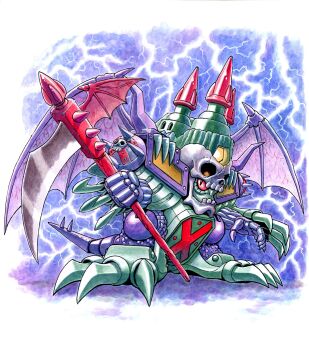 black_eyes castle claw_(weapon) claws colored_sclera commentary_request demon_wings full_body ghost_castle highres holding holding_scythe lightning mecha mecha_focus mizutani_kenta no_humans purple_wings red_sclera robot rpg_densetsu_hepoi scythe skull slit_pupils spire standing storm tail weapon wings