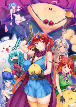 6+girls alternate_costume animal armlet azur_lane blue_dress blue_gemstone boise_(azur_lane) breasts brooklyn_(azur_lane) brown_hair cleavage demon_girl dress fingerless_gloves gem gloves gold_armlet grey_gloves helena_(azur_lane) highres holding holding_animal honolulu_(azur_lane) irohara large_breasts manjuu_(azur_lane) mask meowfficer_(azur_lane) mouth_mask multiple_girls orange_hair praying red_eyes red_hair st._louis_(azur_lane) twintails weapon weapon_on_back yellow_eyes