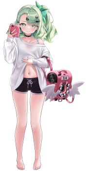 1girl absurdres alternate_costume arm_warmers backpack bag bare_legs barefoot black_choker black_shorts blush bra_strap choker closed_mouth clothes_lift collarbone commentary_request dolphin_shorts earrings feet full_body green_eyes green_hair green_nails hair_ornament hands_up heart heart_hair_ornament highres holding holding_bag holding_phone jewelry korean_commentary kuma_piv lifting_own_clothes loli long_sleeves looking_at_viewer multiple_hairclips musical_note_earrings nail_polish navel off_shoulder phone pink_bag pink_nails randoseru red_nails ring shirt shirt_lift shorts side_ponytail simple_background single_bare_shoulder solo split_mouth standing sunna_(zenless_zone_zero) sweatdrop taking_picture thighs toenail_polish toenails toes wavy_mouth white_background white_shirt winged_bag wings zenless_zone_zero