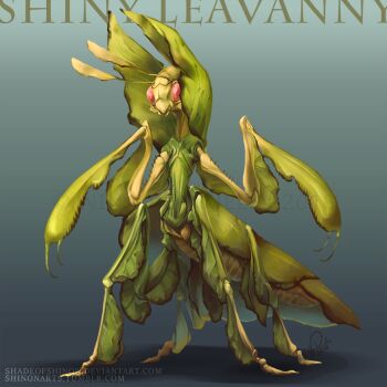 2018 alternate_color character_name full_body gen_5_pokemon gradient_background grey_background leavanny nintendo no_humans pokemon pokemon_(creature) pokemon_bw realistic shadeofshinon shadow shiny_pokemon signature watermark web_address