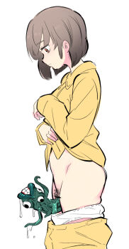 1girl buttons censored closed_mouth clothes_pull dress_shirt female_pubic_hair from_side grey_hair highres long_sleeves looking_down monster orange_eyes original panties pants pants_pull panty_pull pubic_hair shirt simple_background solo underwear what white_background white_panties yellow_pants yellow_shirt youhei_64d