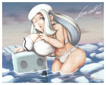 1girl absurdres anchan_january artist_name avalugg bikini bird blue_eyes breast_press breasts commentary_request earrings eiscue eiscue_(ice) fur_hat gen_6_pokemon gen_8_pokemon hat highres huge_breasts iceberg jewelry long_hair mature_female melony_(pokemon) multicolored_hair nintendo one_eye_closed open_mouth pearl_earrings penguin plump pokemon pokemon_(creature) pokemon_swsh ring streaked_hair swimsuit ushanka wedding_ring white_bikini white_hat