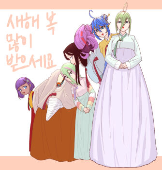 Rule 34 | 6+girls, aeda type-g, ags (last origin), ahoge, alternate costume, alternate hairstyle, black hair, blonde hair, blue eyes, blue hair, chima (clothes), chinese new year, cm67 stinger (last origin), coco mercury, commentary request, dark-skinned female, dark skin, green eyes, green hair, grey eyes, hair between eyes, hair bun, hanbok, huge ahoge, hussar (last origin), ireina (last origin), kimch fire, korean clothes, korean commentary, korean text, last origin, lemonade epsilon, long hair, looking at viewer, multicolored hair, multiple girls, open mouth, pink hair, purple hair, saekdongot, short hair, short hair with long locks, simple background, spartoia