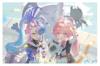 2girls 8k_u ahoge blue_hair bow closed_mouth cloudy_(wuthering_waves) commentary_request cosmos_(wuthering_waves) double_v encore_(wuthering_waves) hair_bow hair_ornament heterochromia highres long_hair looking_at_viewer multiple_girls open_mouth pero_(wuthering_waves) pink_bow pink_eyes pink_hair purple_eyes roccia_(wuthering_waves) smile thick_eyebrows twintails v wuthering_waves yellow_eyes