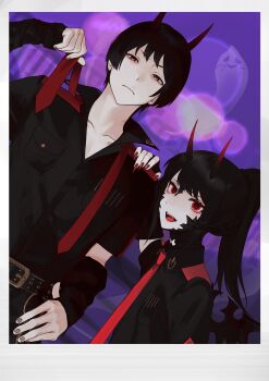 1boy 1other arm_warmers asahi_sas_brutus au_ra belt bite_mark bite_mark_on_neck black_arm_warmers black_hair black_scales blood blood_on_teeth commission commissioner_upload demon_horns dragon_horns final_fantasy final_fantasy_xiv halloween hand_on_another&#039;s_shoulder high_ponytail highres horns hyur long_hair looking_at_viewer nail_polish necktie nozouko open_mouth ponytail red_eyes scales sharp_teeth short_hair simple_background skeb_commission smile teeth warrior_of_light_(ff14)