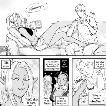 Rule 34 | 1boy, 3girls, absurdres, barefoot, bb (baalbuddy), brother and sister, brother and step-sister, casual, crop top, dark-skinned female, dark elf, dark skin, elf, english text, foot massage, highres, long hair, multiple girls, original, pointy ears, short shorts, shorts, siblings, sisters, smug, speech bubble, step-brother and step-sister, step-siblings, tank top, toes, willford diccard, zana (dark elf stepsister)