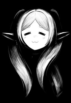 1girl absurdres closed_mouth earrings elf frieren grey_hair greyscale highres jewelry long_hair looking_at_viewer lughost monochrome parted_bangs pointy_ears simple_background smile solo sousou_no_frieren teardrop_earrings twintails white_hair