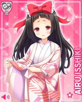 1girl :d blunt_bangs bow brown_hair card_(medium) character_name girlfriend_(kari) hair_bow isshiki_airu japanese_clothes kimono looking_at_viewer multicolored_kimono official_art open_mouth pink_background qp:flapper raised_inner_eyebrows red_bow red_eyes smile solo