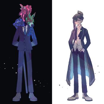 1boy 1other animal_head bird black_jacket black_pants blue_necktie bremen_(project_moon) brown_footwear chicken collared_shirt dog donkey folded_ponytail full_body green_hair hands_in_pockets highres jacket library_of_ruina looking_at_viewer necktie netzach_(project_moon) nito pants project_moon rooster shirt shoes split_screen white_shirt yellow_eyes