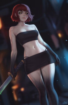 1girl artist_name black_sclera black_skin black_skirt black_tube_top blurry blurry_background breasts colored_extremities colored_sclera colored_skin highres holding holding_sword holding_weapon medium_breasts midriff miniskirt navel original personal_ami red_hair short_hair skirt solo standing strapless sword tube_top weapon yellow_eyes