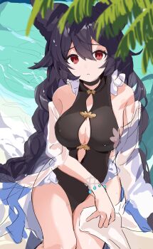 1girl absurdres black_hair black_one-piece_swimsuit braid breasts casual_one-piece_swimsuit cleavage cleavage_cutout clothing_cutout erune etoria frilled_one-piece_swimsuit frills granblue_fantasy highres long_hair medium_breasts monokini nier_(granblue_fantasy) nier_(lover_by_the_lily_lake)_(granblue_fantasy) official_alternate_costume one-piece_swimsuit red_eyes sideboob solo swimsuit twin_braids very_long_hair