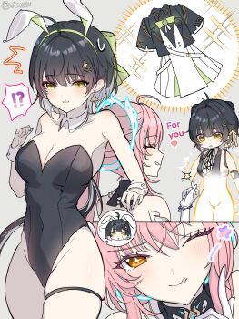 Rule 34 | 2girls, ;q, absurdres, adoptive parent and adoptive child, aemeath (wuthering waves), animal ear hairband, animal ears, bare shoulders, black hair, black leotard, bow, breasts, changing clothes, cleavage, colored inner hair, commentary request, earrings, fake animal ears, female rover (wuthering waves), green bow, hair bow, hair ornament, hairband, highleg, highleg leotard, highres, jewelry, leotard, long hair, magic, medium breasts, mother and daughter, multicolored hair, multiple girls, mutii, one eye closed, orange eyes, parted lips, pink hair, playboy bunny, rabbit ear hairband, rabbit ears, rover (wuthering waves), snapping fingers, sparkle, sparkling aura, strapless, strapless leotard, sweatdrop, thigh strap, thighs, tongue, tongue out, triangle earrings, white hair, wuthering waves, yellow eyes