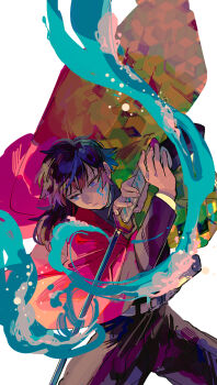 1boy belt black_hair black_jacket black_pants blue_eyes closed_mouth commentary_request cowboy_shot demon_slayer_uniform haori high_collar holding holding_sword holding_weapon jacket japanese_clothes katana kikkoumon kimetsu_no_yaiba long_hair low_ponytail lskty male_focus pants ponytail print_haori red_haori simple_background solo spiked_hair sword tomioka_giyuu water weapon white_background white_belt