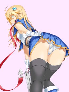 1girl 212_(kisaragi) ahoge arc_system_works ass bad_id bad_pixiv_id bent_over black_thighhighs blazblue blazblue:_chronophantasma blonde_hair blue_eyes blue_skirt clothes_lift female_focus from_behind gloves gun highres holding kneepits leaning_forward legs lifting_own_clothes long_hair looking_at_viewer looking_back noel_vermillion panties pink_background profile shiny_skin simple_background skirt skirt_lift solo standing thighhighs thighs underwear upskirt weapon white_gloves white_panties