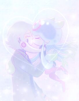 1boy 1girl bandaged_arm bandages closed_eyes couple digimon digimon_(creature) digimon_ghost_game higashimitarai_kiyoshiro highres jellyfish_girl jellymon kiss monster_girl ps_(pixiv_3619626) short_hair tentacle_hair tentacles white_hair