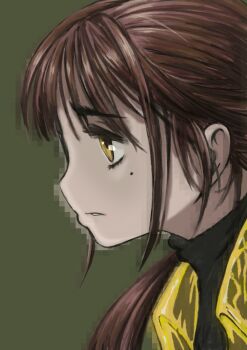 1girl animification beeru_(veil8801) blade_runner_(series) blade_runner_2049 brown_hair furrowed_brow green_background highres joi long_hair mole mole_under_eye parted_lips sideways_mouth simple_background solo upper_body yellow_eyes