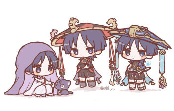 3boys animalization arm_at_side armor black_bodysuit black_bow black_cat black_eyes black_hair black_hat black_kimono black_sandals black_shorts black_sleeves blue_cape blue_gemstone blue_hat blue_kimono blue_sleeves blunt_ends blush bodysuit bow bright_pupils cape cat closed_mouth crossed_arms feathers full_body furisode gem genshin_impact gold hakama hakama_shorts hand_up hat hoshizuki_chimama japanese_armor japanese_clothes jewelry jingasa juban kariginu kimono kote kurokote layered_shorts layered_sleeves long_sleeves looking_at_animal looking_at_viewer mandarin_collar multiple_boys multiple_persona neck_ring no_mouth open_hand outstretched_arm pants person_and_animalization pleated_shorts pom_pom_(clothes) purple_kimono purple_rope purple_shorts purple_sleeves purple_veil red_hat red_kimono rope sandals scaramouche_(cat)_(genshin_impact) scaramouche_(genshin_impact) scaramouche_(kabukimono)_(genshin_impact) shadow shimenawa short_sleeves shorts shoulder_peek smile squatting standing string tassel toeless_legwear twitter_username two-tone_hat veil vision_(genshin_impact) vortex wanderer_(genshin_impact) white_background white_kimono white_pants white_pupils white_rope white_sleeves wide_sleeves wind wispy_bangs yellow_feathers zouri