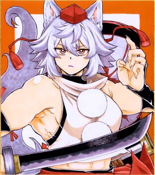 1girl absurdres animal_ears breasts hat highres holding holding_sword holding_weapon inubashiri_momiji looking_at_viewer matsuri_kyuuta muscular muscular_female red_hat serious short_hair solo strong sword tail tokin_hat touhou upper_body weapon white_hair wolf_ears wolf_girl wolf_tail