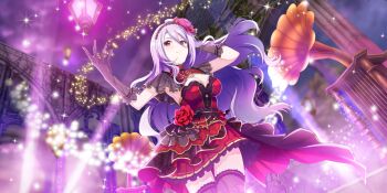 1girl arm_behind_head black_gloves black_hairband black_thighhighs breasts cleavage cleavage_cutout closed_mouth clothing_cutout cowboy_shot dress dutch_angle emilia_(lapis_re:lights) flower flower_hairband from_below game_cg gloves hair_between_eyes hairband hand_up highres indoors ivy lapis_re:lights large_breasts long_hair night official_art phonograph pillar print_gloves print_thighhighs purple_hair red_dress red_eyes red_flower red_rose rose smile solo sparkle stage stage_lights thighhighs third-party_source very_long_hair zettai_ryouiki