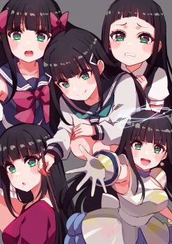 1girl absurdres aged_down birthday black_hair blunt_bangs blush breasts commentary cream_(nipakupa) earrings green_eyes grey_background hair_ornament hair_ribbon highres hime_cut holding holding_stick jewelry kurosawa_dia long_hair looking_at_viewer love_live! love_live!_sunshine!! medium_breasts mole mole_under_mouth multiple_views ribbon school_uniform sidelocks stick straight_hair upper_body uranohoshi_school_uniform