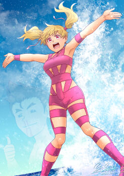 Rule 34 | absurdres, armband, artist name, blood, blue sky, bodysuit, boots, breasts, brown hair, chinen daisuke, cloud, cloudy sky, commentary, dated, day, dutch angle, fresh precure!, highres, hot limit, medium breasts, medium hair, momozono love, nosebleed, open mouth, outdoors, outstretched arms, pink bodysuit, pink boots, pink eyes, precure, satou yasu, signature, sky, smile, spread arms, standing, t.m.revolution, tan, thumbs up, twintails, wristband