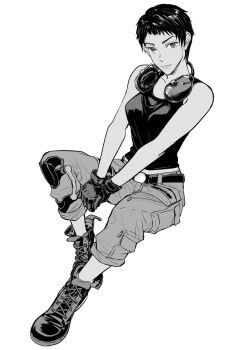 1girl ace_combat ace_combat_7 avril_mead black_hair black_shirt boat breasts earphones full_body greyscale highres looking_at_viewer monochrome shirt short_hair simple_background smile solo takato15_c watercraft