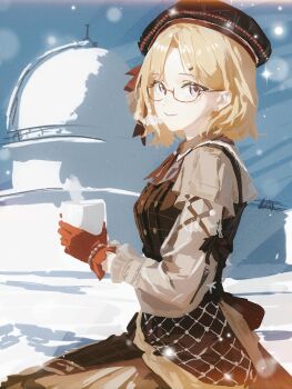 1girl absurdres beret blonde_hair brown_dress closed_mouth cobwvmeti cup day dress from_side glass gloves hashtag-only_commentary hat highres holding holding_cup idolmaster idolmaster_shiny_colors light_smile long_sleeves looking_at_viewer looking_to_the_side outdoors purple_eyes red_gloves saijo_juri semi-rimless_eyewear short_hair sitting snowing solo under-rim_eyewear