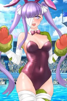 1girl alternate_breast_size_(larger) animal_ear_hairband animal_ears audience bandaged_arm bandaged_head bandaged_leg bandages blue_sky bow bowtie breasts bunny_day cleavage cloud commentary covered_navel cowboy_shot detached_collar fake_animal_ears fake_tail fate/grand_order fate_(series) green_mittens hairband highres kingprotea_(fate) large_breasts leotard long_hair mittens moss one_eye_covered open_mouth playboy_bunny pool purple_bow purple_bowtie purple_eyes purple_hair purple_leotard rabbit_ear_hairband rabbit_ears rabbit_tail raskasar sharp_teeth single_sidelock sky smile solo_focus strapless strapless_leotard tail teeth traditional_bowtie twintails very_long_hair