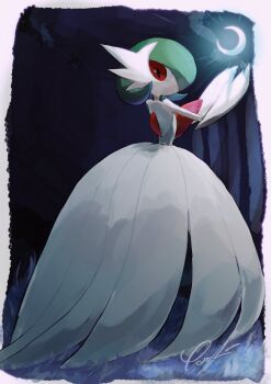 Rule 34 | bad id, bad twitter id, bob cut, colored skin, dress, elbow gloves, gardevoir, gen 3 pokemon, gloves, green hair, highres, mega gardevoir, mega pokemon, nintendo, pokemon, pokemon (creature), red eyes, signature, strapless, strapless dress, unnuitt, white dress, white gloves, white skin