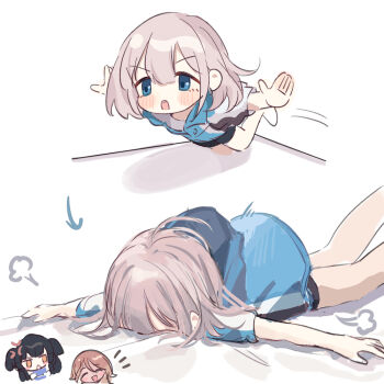 3girls arrow_(symbol) black_shorts blue_eyes blush chibi chibi_inset grey_hair idolmaster idolmaster_shiny_colors izumi_mei jumping kiouri lying mayuzumi_fuyuko multiple_girls on_stomach outstretched_arms sequential serizawa_asahi short_sleeves shorts