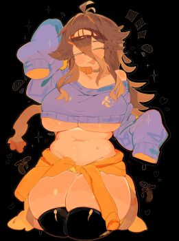 1girl antenna_hair arm_up black_background black_thighhighs blush breasts brown_hair closed_eyes clothes_around_waist commentary commission cropped_legs double-parted_bangs english_commentary facing_viewer groin hair_between_eyes highres large_breasts long_hair notice_lines open_mouth original plump purple_sweater smile solo stomach sweater thick_thighs thighhighs thighs usa37107692