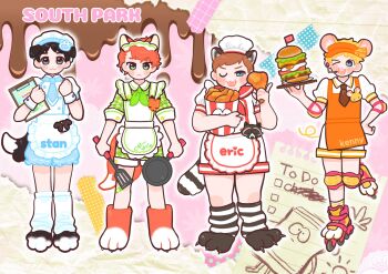 &gt;:) 4boys :3 alternate_costume animal_ears animal_feet apron black_fur black_hair blonde_hair blue_apron blue_eyes blue_necktie blue_shorts blush_stickers brown_hair brown_necktie bucket burger character_name chef_hat chicken_(food) claws clenched_hand clipboard commentary_request copyright_name crossdressing crossdressing_(mtf) dog_boy dog_ears dog_tail elbow_pads expressionless fangs flag food fox_boy fox_ears fox_tail fried_chicken frilled_apron frills full_body gingham_shirt gingham_shorts green_eyes green_necktie green_shirt green_shorts hand_on_own_hip hand_up hands_up hat highres holding holding_bucket holding_clipboard holding_food holding_pan holding_spatula holding_tray kemonomimi_mode kfc knee_pads leg_up leg_warmers looking_at_viewer male_focus mouse_boy mouse_ears mouse_tail multiple_boys necktie one_eye_closed open_mouth orange_apron orange_hair outline paw_print puffy_short_sleeves puffy_shorts puffy_sleeves raccoon_boy raccoon_ears raccoon_tail red_sailor_collar roller_skates s17ncnoevv8438 sailor_collar shirt short_sleeves shorts skates sleeve_cuffs sleeves_rolled_up smile south_park spatula striped_leg_warmers tail tray v-shaped_eyebrows wavy_hair white_outline white_shorts white_wrist_cuffs wrist_cuffs
