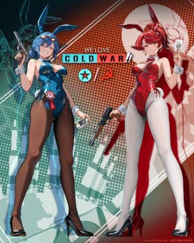 2girls absurdres animal_ears artist_name automag aviator_sunglasses beer_can blue_eyes blue_hair blue_leotard breasts can card central_intelligence_agency commentary covered_navel detached_collar drink_can english_commentary gun handgun high_heels highres holding holding_gun holding_weapon kgb kotorigaka leotard logo_background looking_at_viewer multiple_girls naomi_bluebird pantyhose playboy_bunny playing_card rabbit_ears red_eyes red_hair red_leotard ribbon shadow sheer_pantyhose side-tie_leotard sideboob sunglasses valerie_konstanz we_love_cold_war weapon weapon_request white_pantyhose wrist_cuffs