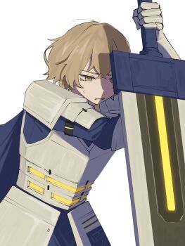 1boy alternate_costume armor armored_gloves blonde_hair blue_cape blue_shirt breastplate cape closed_mouth cowboy_shot hair_between_eyes highres holding holding_sword holding_weapon knight limbus_company male_focus muokakutoku project_moon shirt short_hair simple_background sinclair_(project_moon) solo sweat sword upper_body weapon white_background yellow_eyes zwei_association_west_uniform