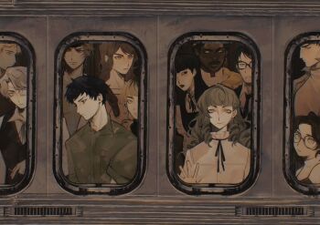 5girls 6+boys abella_(fear_&amp;_hunger) black_dress black_hair black_lips black_necktie black_ribbon black_vest brown_hair closed_mouth collared_shirt commentary daan_(fear_&amp;_hunger) dark-skinned_male dark_skin dress facial_hair fear_&amp;_hunger_(series) fear_&amp;_hunger_2:_termina frilled_shirt_collar frills glasses green_jumpsuit hand_on_window hat henryk_(fear_&amp;_hunger) jumpsuit karin_(fear_&amp;_hunger) levi_(fear_&amp;_hunger) long_hair looking_at_viewer looking_to_the_side marcoh_(fear_&amp;_hunger) marina_(fear_&amp;_hunger) multiple_boys multiple_girls mustache neck_ribbon necktie o&#039;saa_(fear_&amp;_hunger) olivia_(fear_&amp;_hunger) overalls pav_(fear_&amp;_hunger) pinafore_dress red_hair ribbon samarie_(fear_&amp;_hunger) sazhimi shirt short_hair sleeveless sleeveless_dress tanaka_(fear_&amp;_hunger) train vest waistcoat white_shirt yellow_hat yellow_overalls