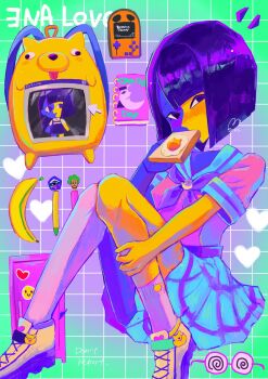 1girl backpack bag banana black_eyes black_hair blue_skin blunt_bangs blunt_ends blush bob_cut character_doll colored_skin doll eating ena_(ena) ena_(series) ena_(species) ena_(web_series) floating_head food fried_egg fruit gabo_(ena) great_runas's_residence grid_background happy_ena heart highres locker mariya_(ena) moony_(ena) multicolored_skin notebook school_uniform serafuku shirt short_sleeves skirt solo split-color_skin two-tone_skin usagimarumei yellow_skin