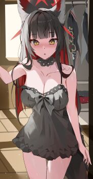 absurdres animal_ears black_dress black_hair black_kimono blue_archive breasts dress fox_ears fox_tail halo highres japanese_clothes kimono large_breasts long_hair looking_at_viewer open_mouth red_hair red_halo tail udonpan wakamo_(blue_archive) yellow_eyes