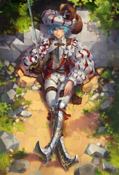1boy armor astrocatsama blue_hair brown_gloves crossed_legs gloves highres jacket landsknecht looking_at_viewer original pants single_glove solo sword weapon white_jacket white_pants