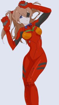 1girl bad_id bad_twitter_id blue_eyes bodysuit breasts brown_hair expressionless eyepatch highres long_hair looking_at_viewer mecha_pilot_suit neon_genesis_evangelion plugsuit_(evangelion) red_bodysuit simple_background solo souryuu_asuka_langley swirl9017 white_background wide_hips