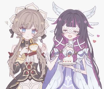 Rule 34 | 2girls, black bow, black collar, black dress, black hair, black sleeves, blue eyes, blush, bonnet, bow, brown hair, cake, cake slice, closed eyes, closed mouth, collar, colored inner hair, columbina (genshin impact), commentary, cup, detached collar, dress, eye mask, feeding, food, fork, gem, genshin impact, hair ornament, head wings, heart, highres, holding, holding cup, holding fork, holding plate, long hair, mask, multicolored hair, multiple girls, multiple wings, open mouth, plate, purple hair, purple streaks, red gem, sandrone (genshin impact), see-through clothes, see-through mask, short hair with long locks, simple background, smile, strapless, strapless dress, strawberry cake, teacup, twitter username, two-tone hair, upper body, very long hair, white background, white bow, white dress, white headdress, white mask, wing hair ornament, wings, x-shaped eyewear, yapc03, yellow bow