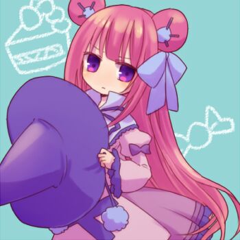 1girl animal_ears bear_ears bear_girl blue_capelet blue_ribbon capelet dress dumpty_alma emil_chronicle_online frilled_dress frills green_background hair_ribbon hat holding holding_unworn_clothes holding_unworn_hat lowres purple_dress purple_eyes purple_hair purple_hat puzzle_&amp;_dragons ribbon solo tarou_4 unworn_hat unworn_headwear witch_hat