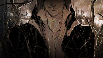 1boy alex_mercer black_jacket blacklight_(prototype) hidden_eyes hood hoodie jacket male_focus prototype_(game) rain shirt solo sunny_(mnbvjkuy) tendrils white_shirt