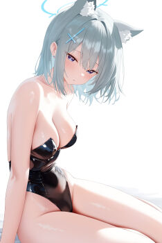 1girl absurdres alternate_costume animal_ear_fluff animal_ears bare_arms bare_shoulders black_leotard blue_archive blue_eyes breasts cleavage closed_mouth collarbone cross_hair_ornament earrings expressionless extra_ears grey_hair hair_ornament halo highleg highleg_leotard highres jewelry ju-ok leotard medium_breasts medium_hair nontraditional_playboy_bunny playboy_bunny shiroko_(blue_archive) simple_background sitting solo strapless strapless_leotard thighs white_background white_hair wolf_ears