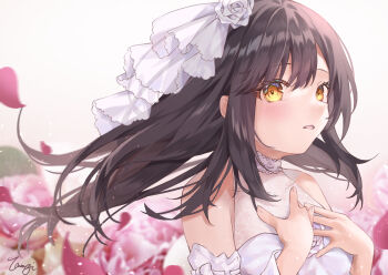 Rule 34 | 1girl, absurdres, alternate costume, asakura karen (heaven burns red), bare shoulders, black hair, blurry, blurry background, blush, bridal veil, commentary request, detached sleeves, dress, eyelashes, falling petals, floating hair, floral print, flower, hair between eyes, hair flower, hair ornament, hands up, heaven burns red, highres, light particles, long hair, long sleeves, looking at viewer, open mouth, petals, pink flower, pink rose, rose, rose petals, sidelocks, signature, simple background, sleeveless, sleeveless dress, solo, tsumugi-t, upper body, veil, wedding dress, white background, white dress, white flower, white rose, white veil, yellow eyes