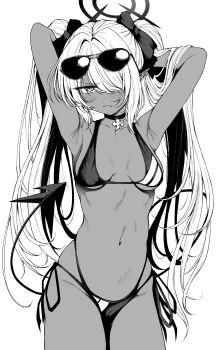 1girl absurdres armpits arms_behind_head arms_up bikini blue_archive blush choker closed_mouth commentary cowboy_shot daiji_pt dark-skinned_female dark_skin demon_tail eyewear_on_head frown greyscale hair_over_one_eye halo highres iori_(blue_archive) iori_(swimsuit)_(blue_archive) long_hair looking_at_viewer monochrome multi-strapped_bikini_bottom navel official_alternate_costume one_eye_covered pointy_ears side-tie_bikini_bottom simple_background solo stomach sunglasses swimsuit tail twintails v-shaped_eyebrows very_long_hair white_background