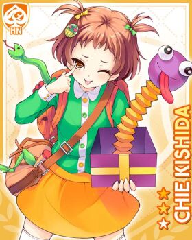 1girl akanbe backpack bag blouse bow brown_hair button card character_name eyelid_pull female_focus frog girlfriend_(kari) green_shirt hair_ornament hand_on_own_face kishida_chie official_art one_eye_closed open_mouth orange_background orange_skirt qp:flapper shirt skirt smile snake solo strap tagme tongue tongue_out toy twintails white_shirt yellow_eyes
