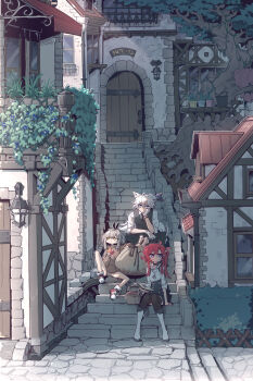 absurdres animal_ears blue_eyes chinese_commentary closed_mouth commentary_request eating grey_hair highres imazawa lilivia_(imazawa) long_hair original outdoors purple_eyes red_hair sitting sitting_on_stairs stairs white_hair yellow_eyes