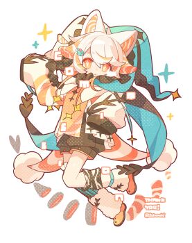 1girl absurdres animal_ears asymmetrical_legwear black_shorts blue_hat blue_thighhighs cat_ears cat_girl commission film_grain full_body hair_between_eyes hand_up hat highres jacket long_sleeves meimei_(wakamoid) mismatched_legwear multicolored_hair open_mouth orange_eyes orange_hair orange_shoes original parted_bangs shoes short_hair shorts simple_background single_sock single_thighhigh sleeves_past_fingers sleeves_past_wrists socks solo sparkle striped_clothes striped_thighhighs thank_you thighhighs twitter_username two-tone_hair uneven_legwear vertical-striped_clothes vertical-striped_thighhighs watermark white_background white_jacket white_socks