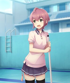 1girl ahoge black_thighhighs bleachers blue_skirt blue_sky breasts buttons cleaning cowboy_shot day dot_nose double-parted_bangs empty_pool game_cg green_eyes holding indoors nagasaki_sumi official_art open_mouth pool pool_ladder purple_hair renpu_girls_school_uniform school_uniform shirt short_hair short_sleeves skirt sky skylight small_breasts solo summer_uniform sweat tears thighhighs third-party_source toji_no_miko toji_no_miko:_kizamishi_issen_no_tomoshibi wavy_mouth white_shirt window zettai_ryouiki